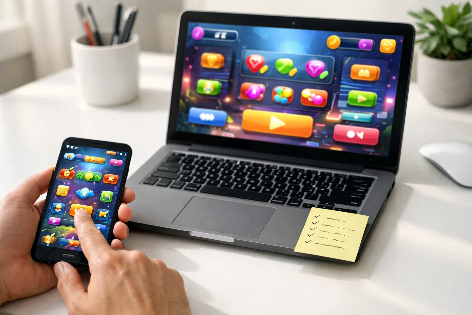 Player using multi-casino strategy to maximize daily sweepstakes bonuses on phone and laptop